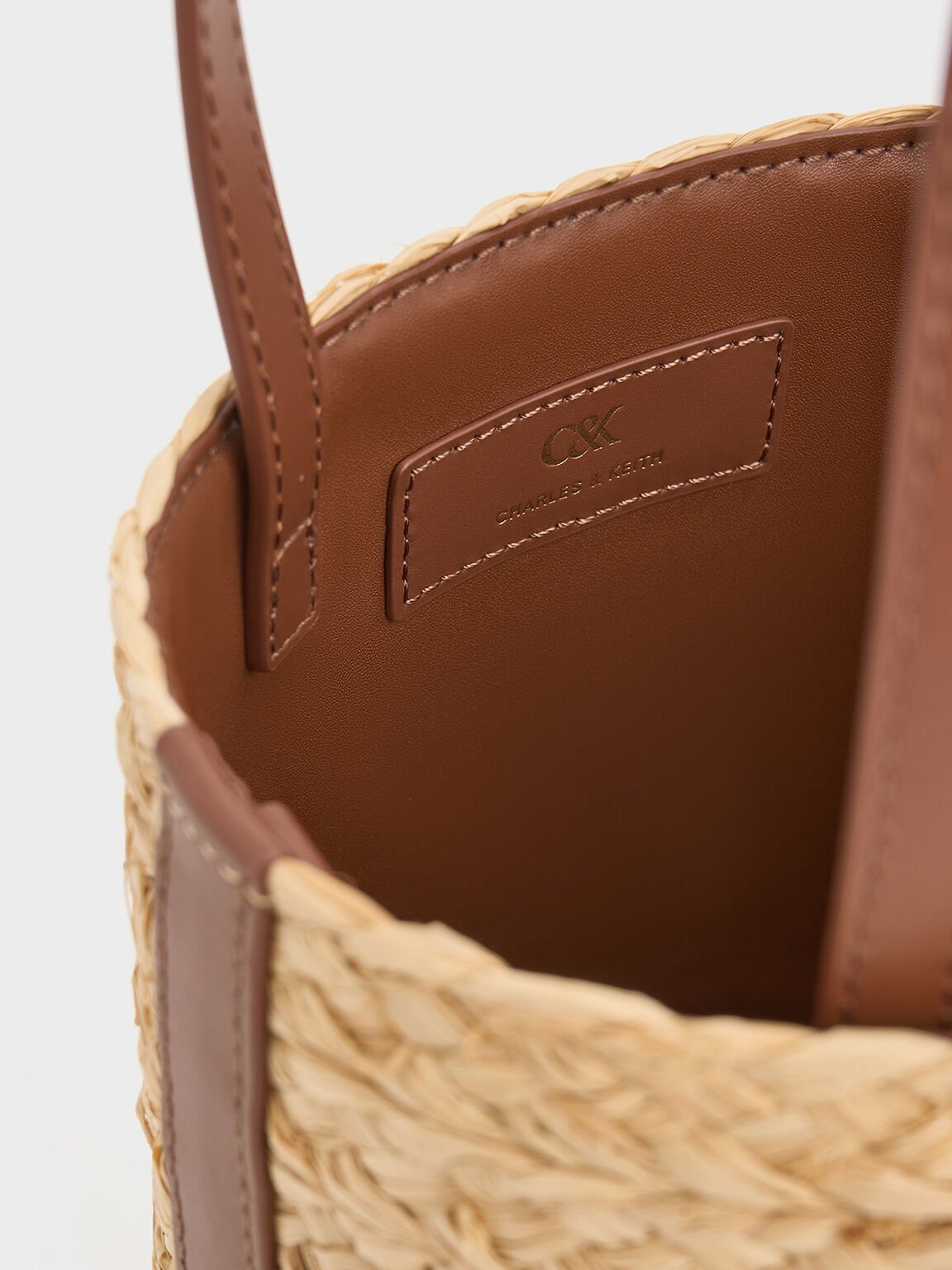 Leather & Raffia Bucket Bag, Brown, hi-res