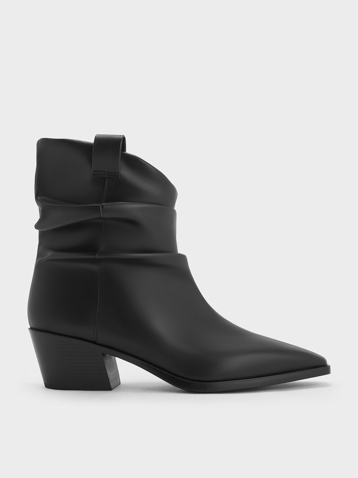 Ruched Almond-Toe Cowboy Ankle Boots, Black, hi-res