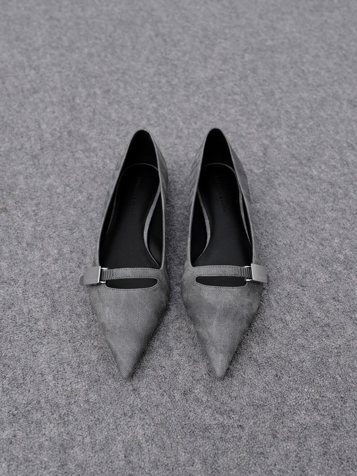 Robbie Denim-Effect Pointed-Toe Ballet Flats, Dark Grey, hi-res