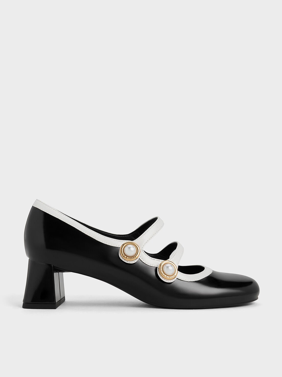 Pearl-Buckle Two-Tone Mary Jane Pumps, Black Box, hi-res