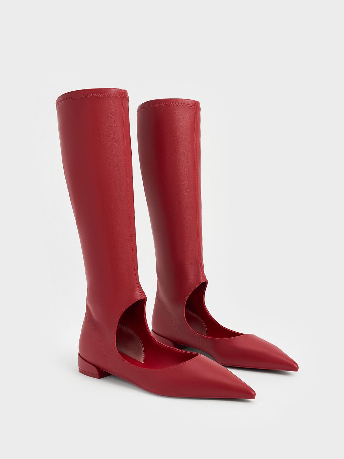 Robbie Cut-Out Pointed-Toe Knee-High Boots, Red, hi-res