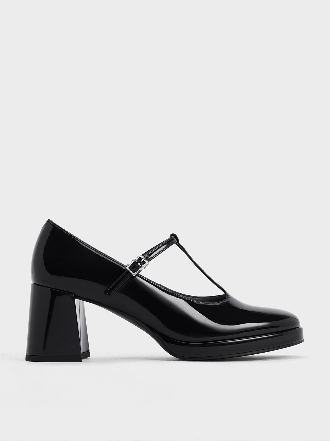 Black Boxed Crystal-Buckle T-Bar Mary Jane Pumps - CHARLES & KEITH UK