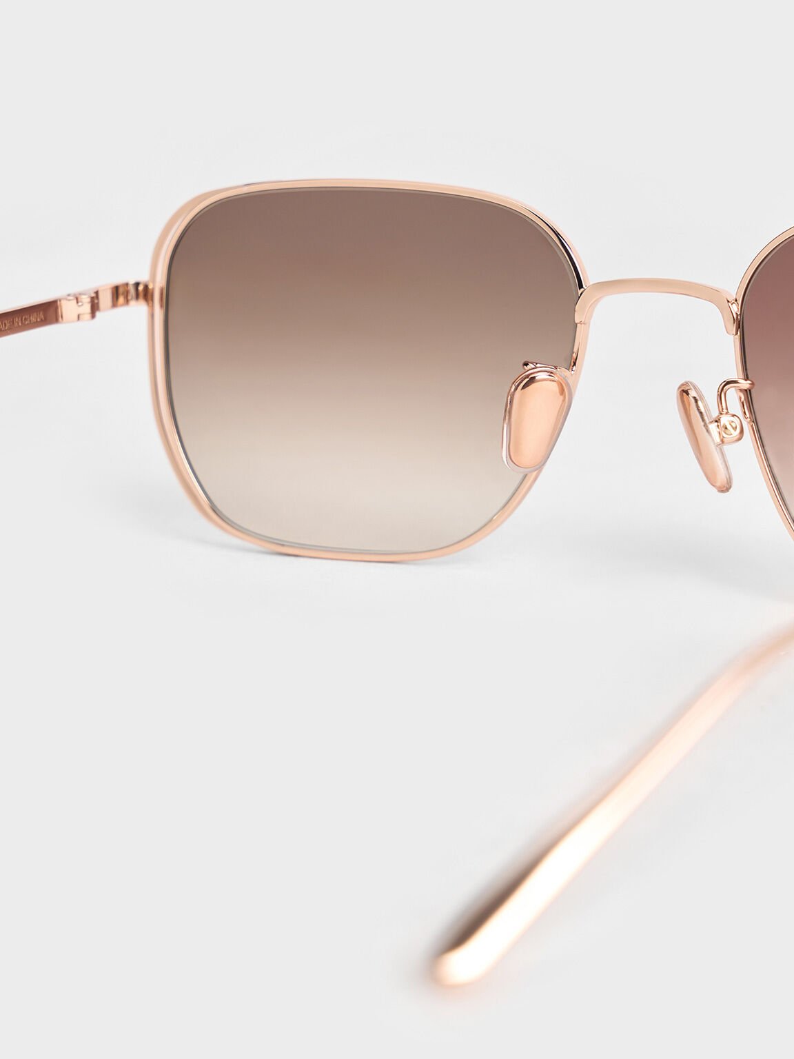 Metallic-Rim Rectangular Sunglasses, Rose Gold, hi-res