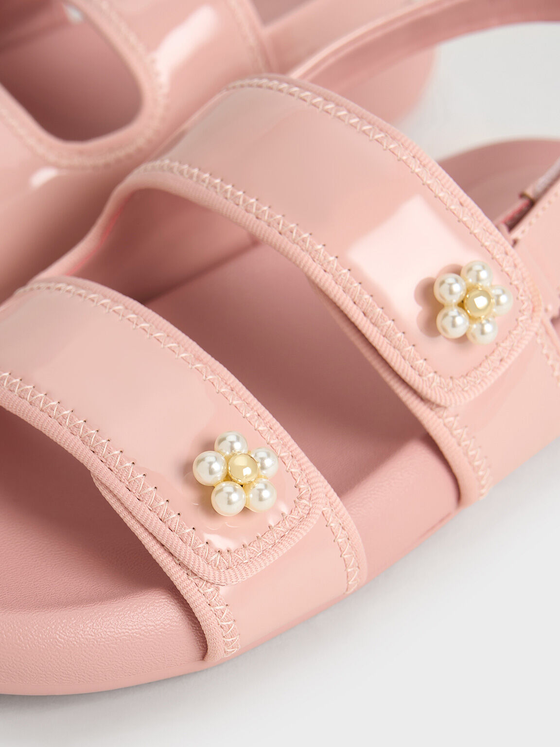 Girls' Patent Beaded-Flower Sandals, Blush, hi-res