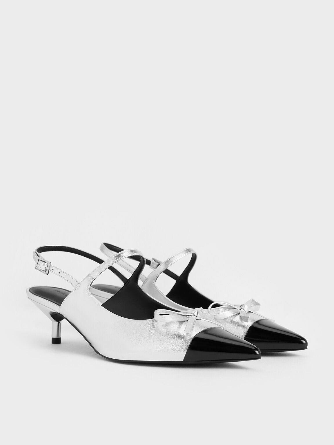 Metallic Bow Cap-Toe Kitten-Heel Slingback Pumps, Silver, hi-res