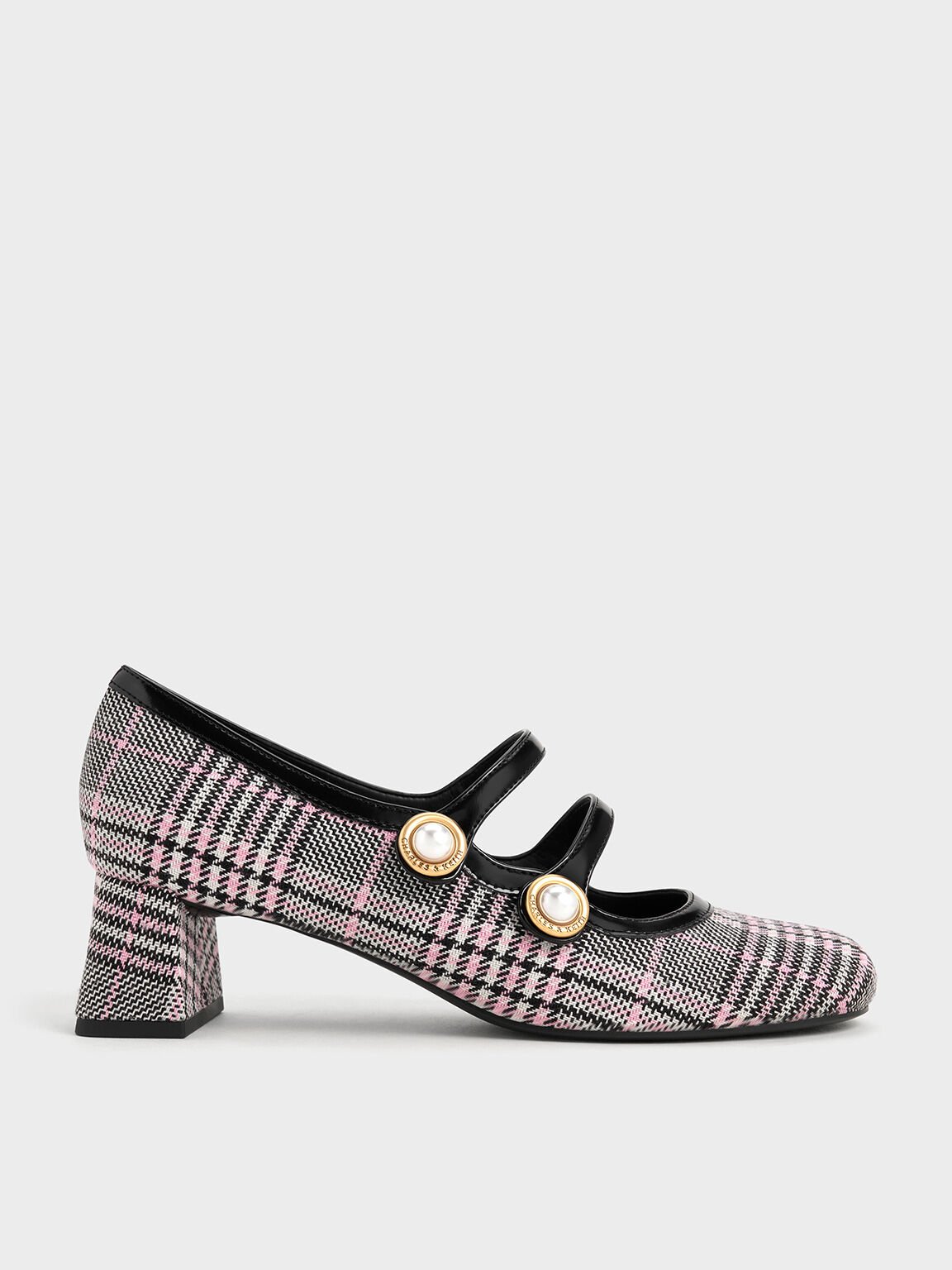 Plaid Pearl-Buckle Mary Jane Pumps, Pink, hi-res