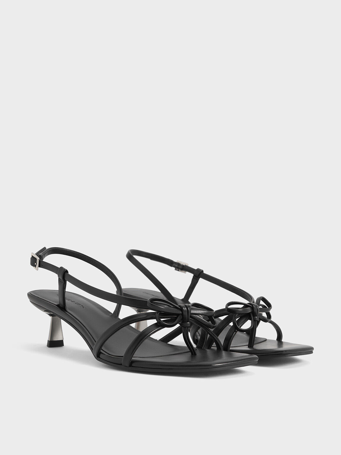 Bow Strappy Heeled Thong Sandals, Black, hi-res