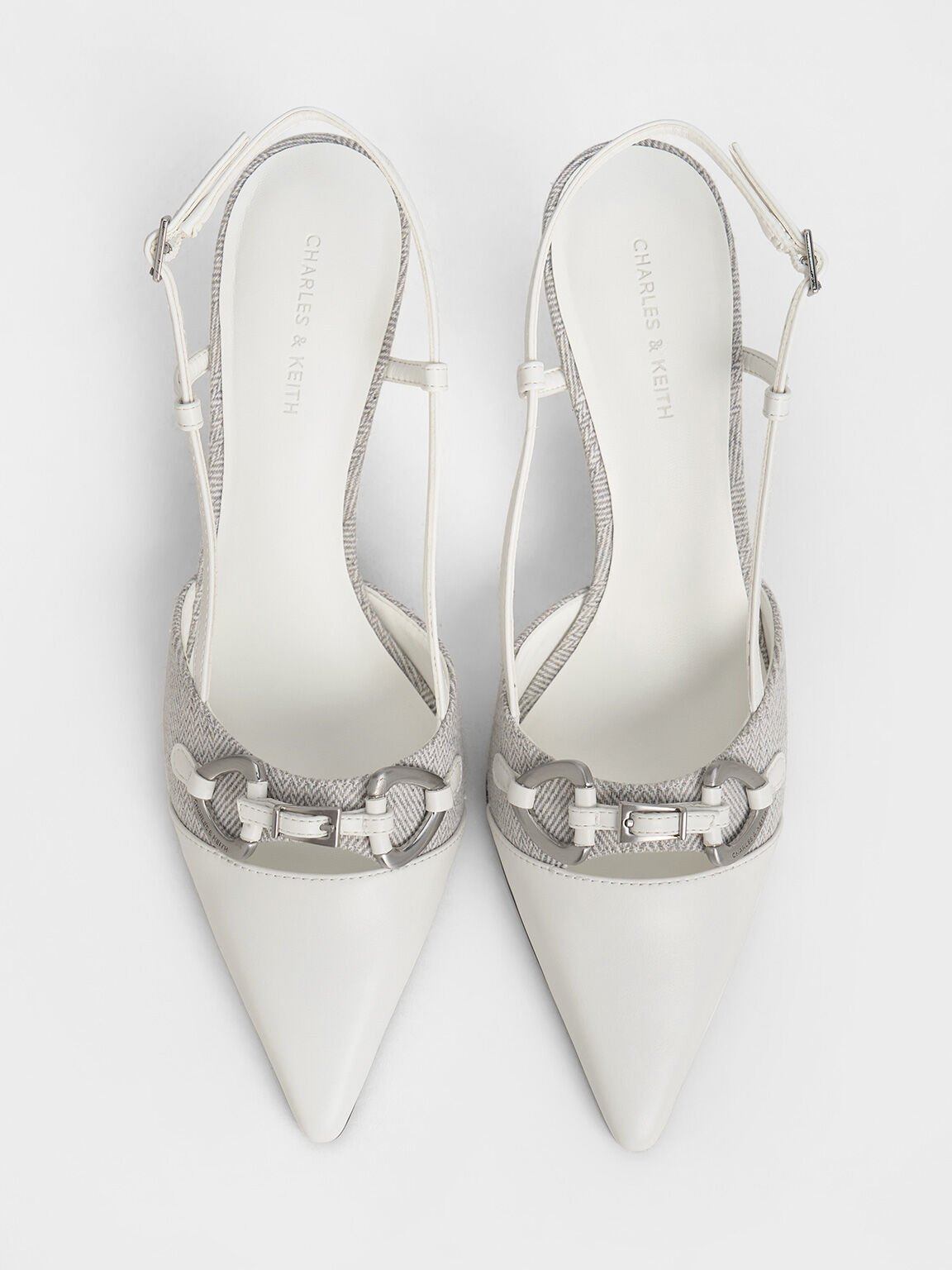 Woven Fabric Metallic-Accent Slant-Heel Slingback Pumps, Light Grey, hi-res