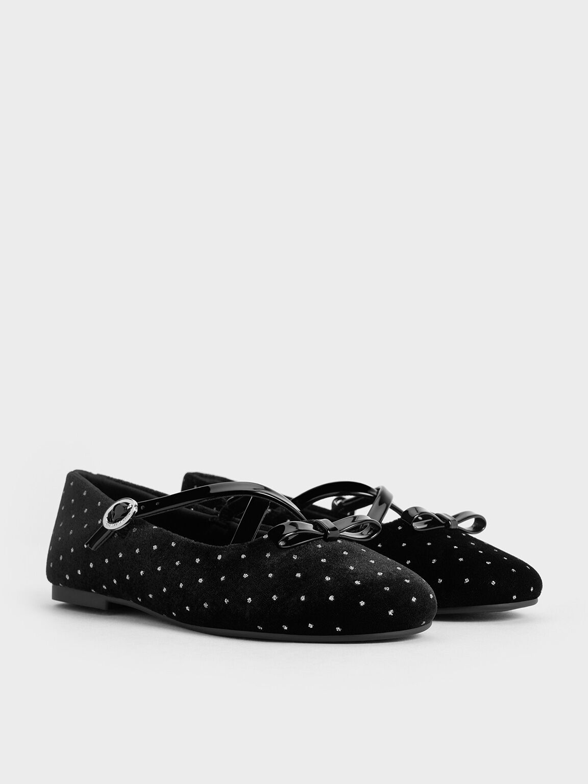 Girls' Velvet Dotted Bow Mary Janes, Black Textured, hi-res