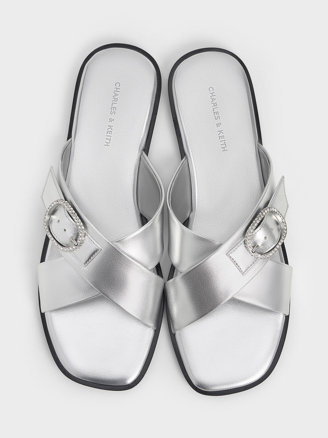 Metallic Crystal-Buckle Crossover-Strap Sandals, Silver, hi-res