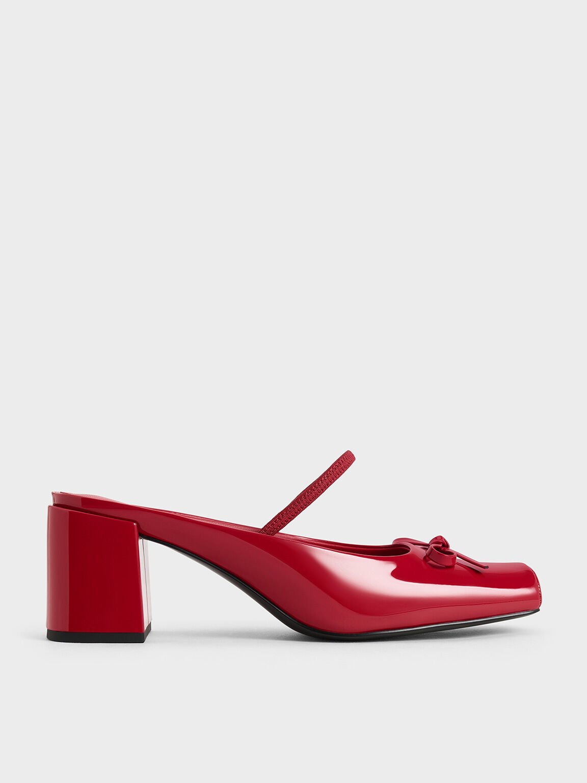 Bow Square-Toe Block-Heel Ballet Mules, Red, hi-res