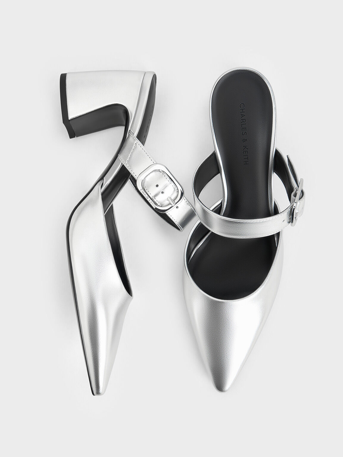 Metallic Pointed-Toe Mary Jane Heeled Mules, Silver, hi-res