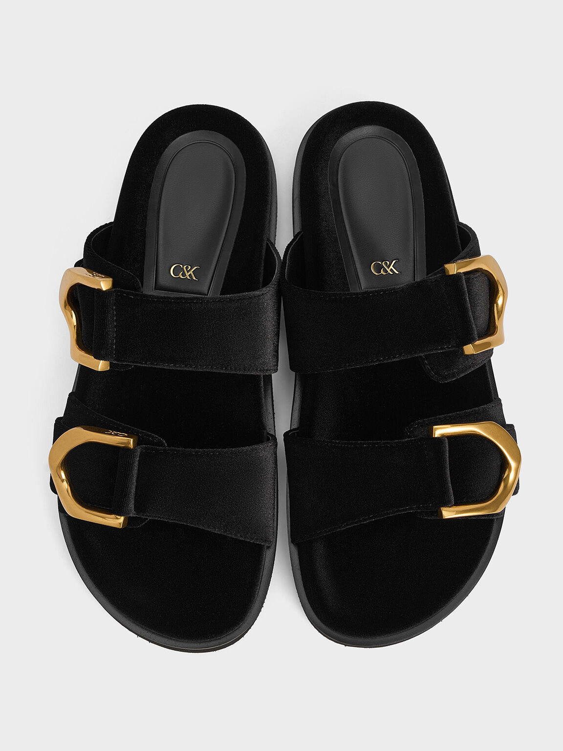 Gabine Velvet Buckle Sandals, Black Textured, hi-res