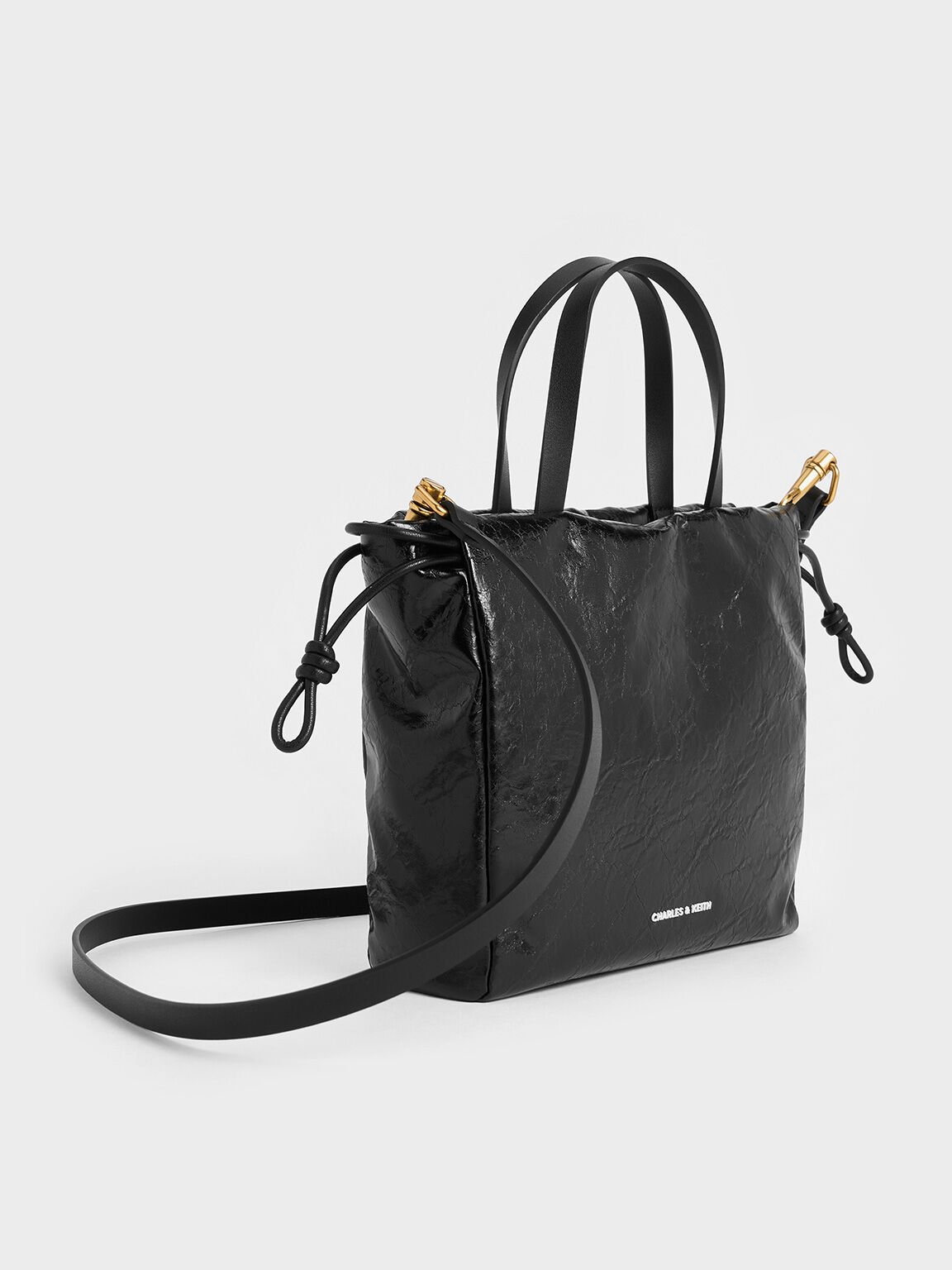 Mini Bethel Crinkle-Effect Ruched Drawstring Tote Bag, Black, hi-res