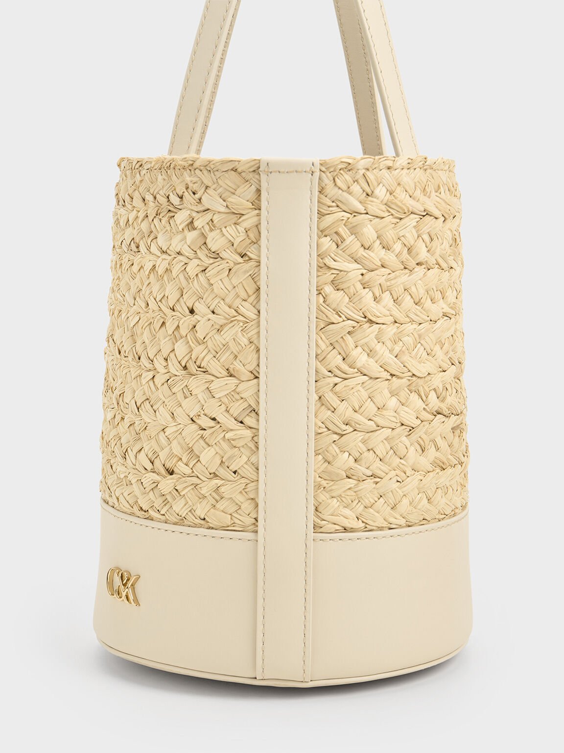 Leather & Raffia Bucket Bag, Beige, hi-res