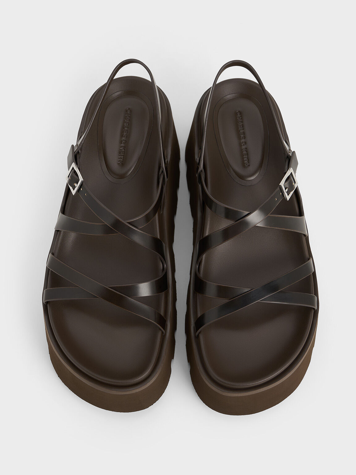 Strappy Crossover Flatform Sandals, Dark Brown, hi-res