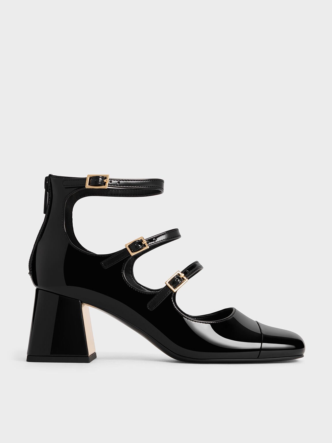 Patent Triple-Strap Cap-Toe Mary Jane Pumps, Black Patent, hi-res