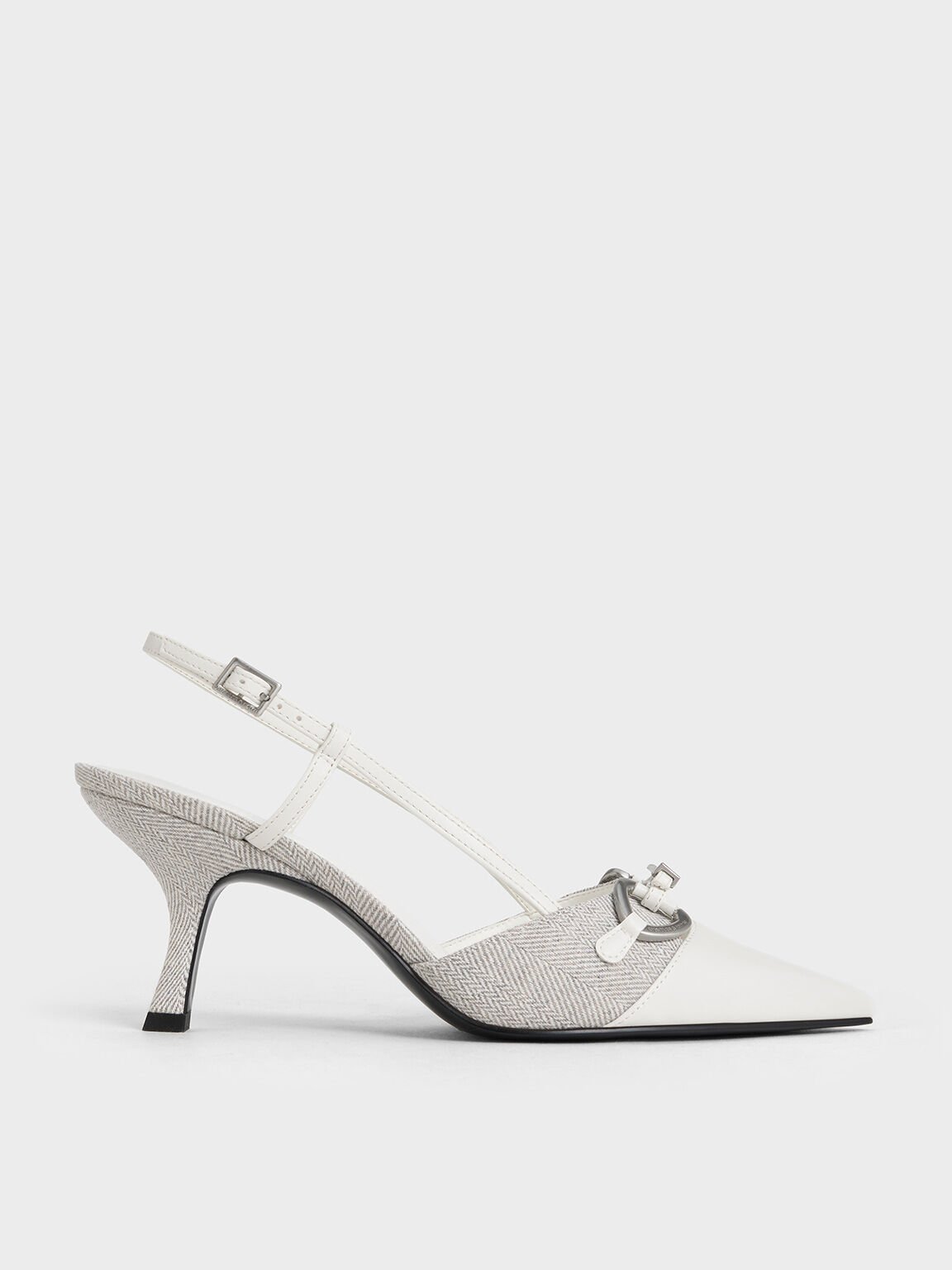 Woven Fabric Metallic-Accent Slant-Heel Slingback Pumps, Light Grey, hi-res