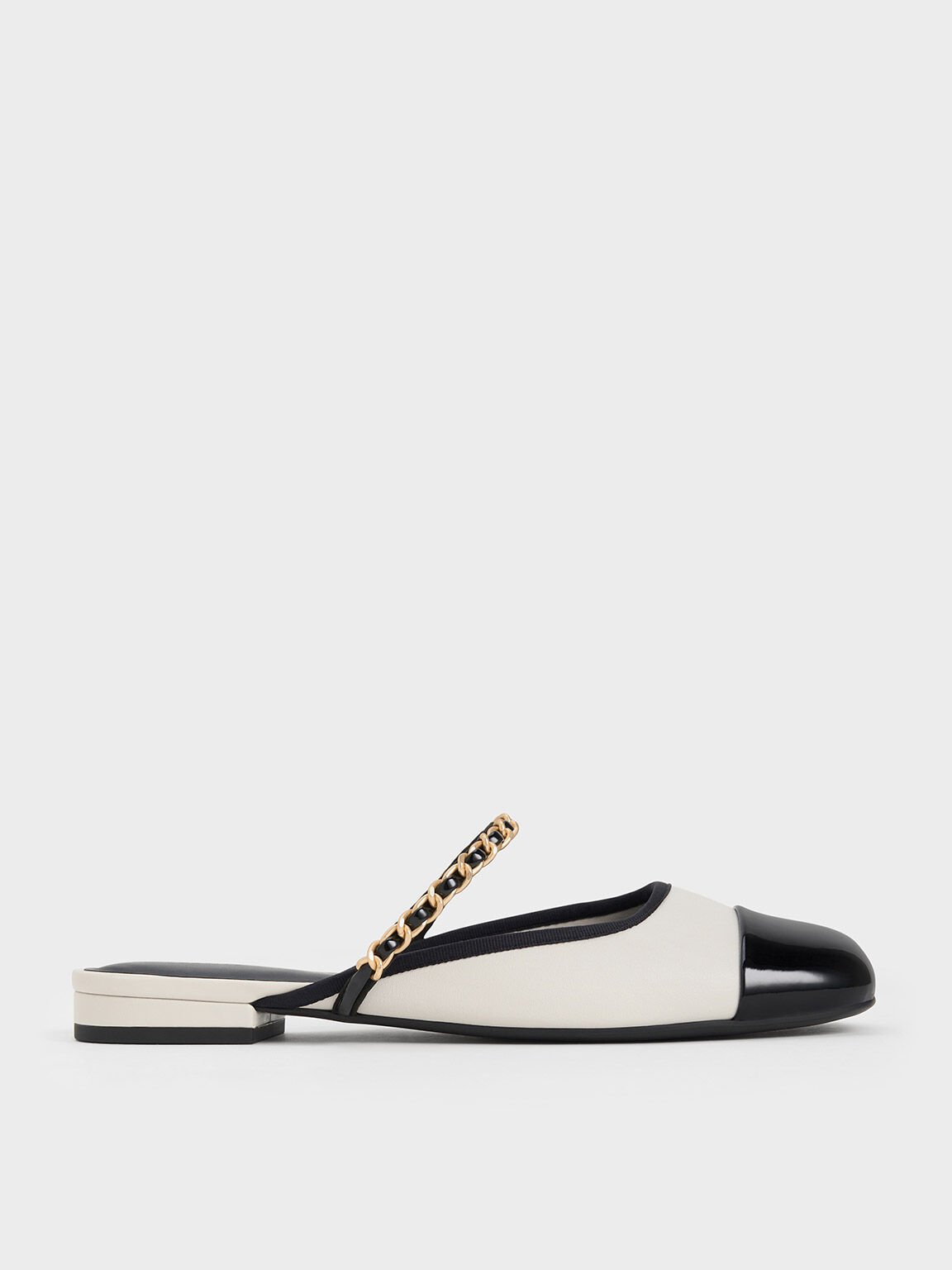 White Patent Two-Tone Chain-Strap Mules - CHARLES & KEITH UK