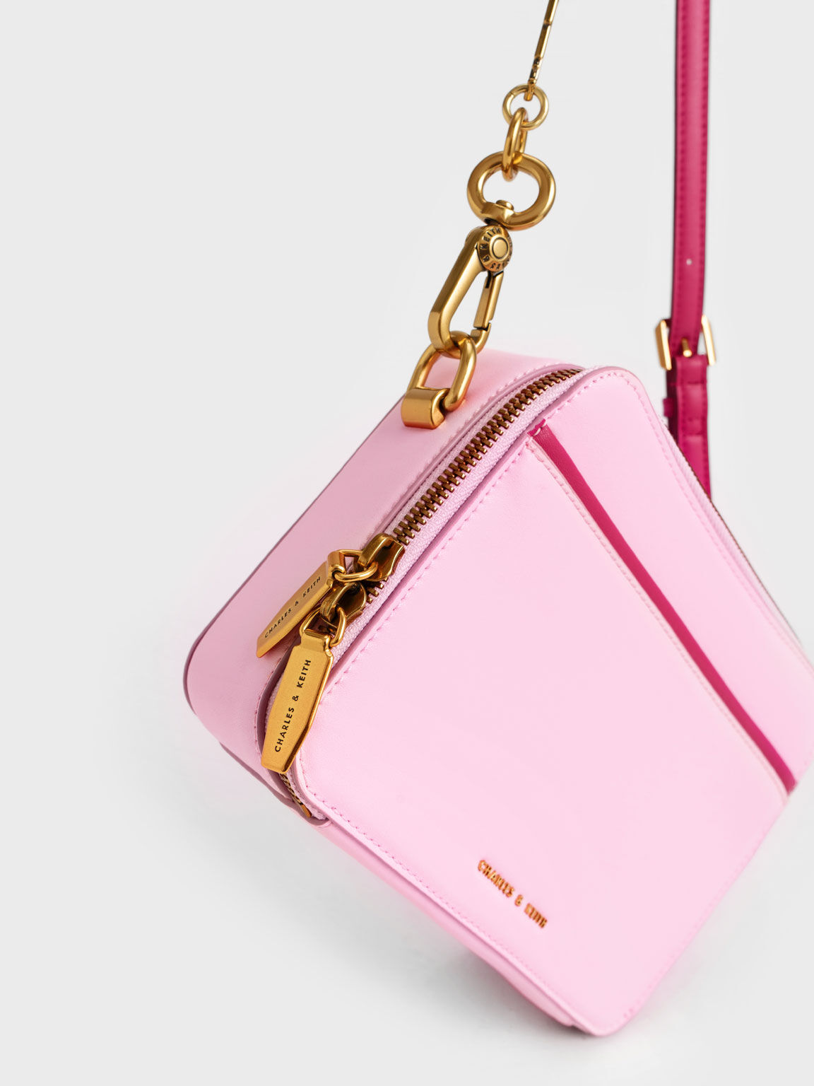 Two-Tone Lock & Key Chain Handle Bag, Pink, hi-res