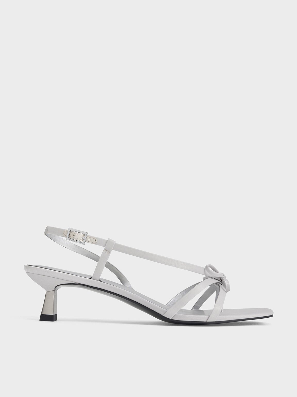 Bow Strappy Heeled Thong Sandals, Silver, hi-res