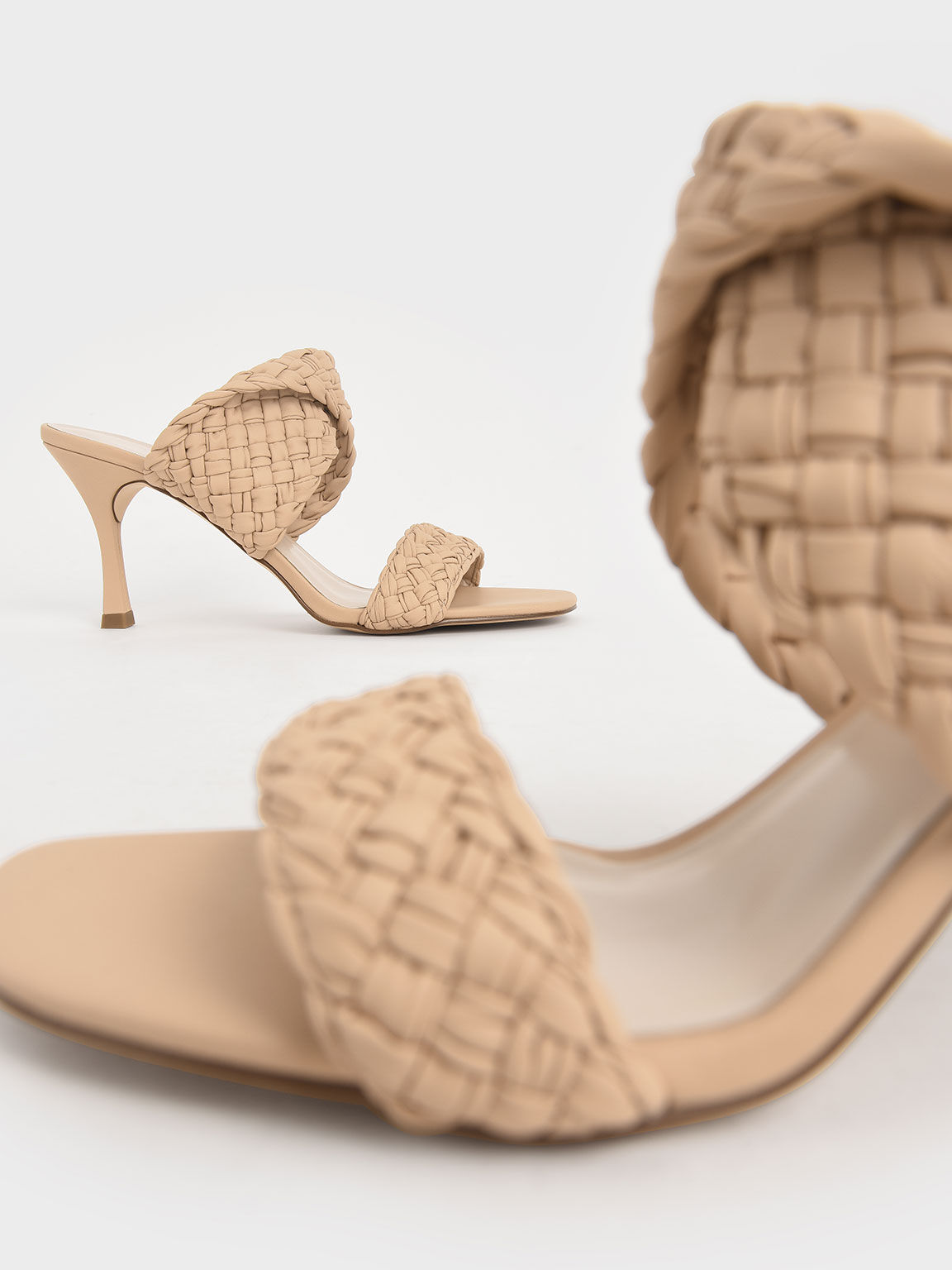 Double Strap Woven Heeled Mules - Nude