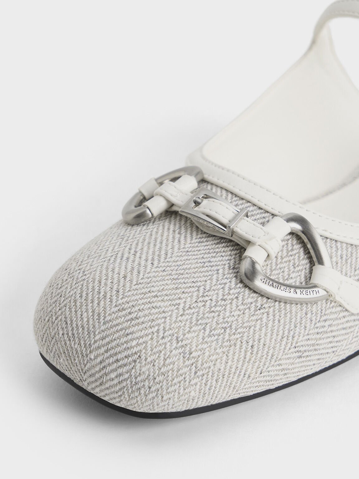 Woven Fabric Metallic-Accent Flat Mules, Light Grey, hi-res