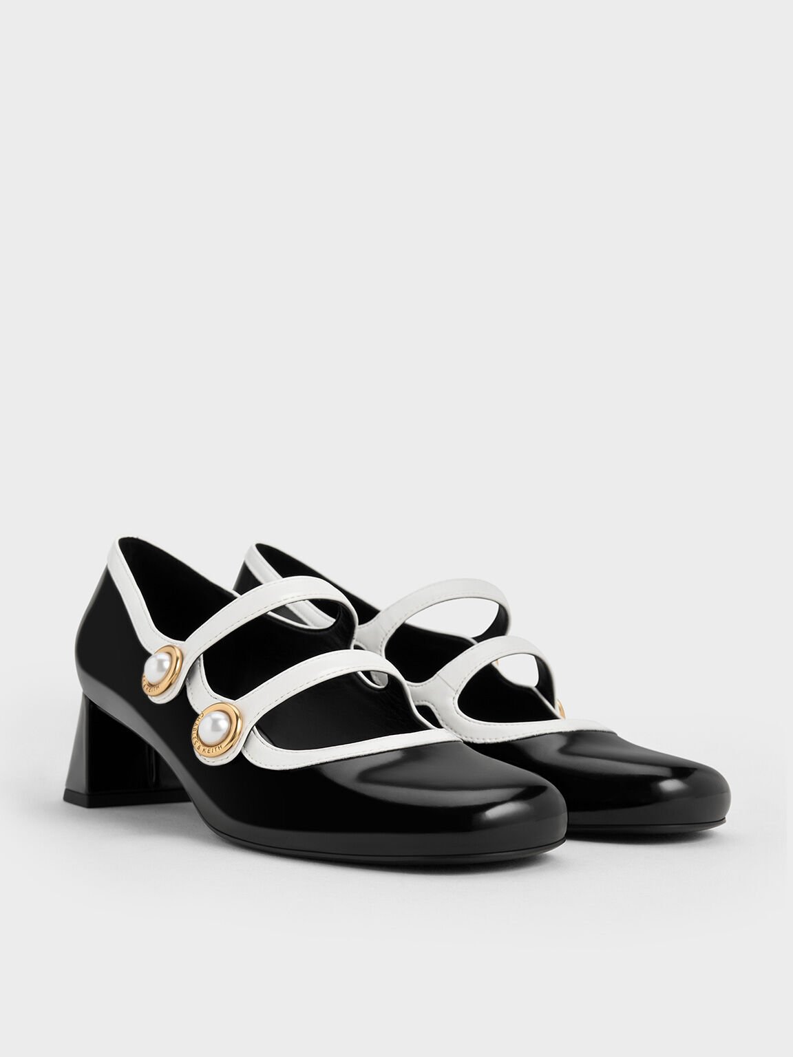 Pearl-Buckle Two-Tone Mary Jane Pumps, Black Box, hi-res