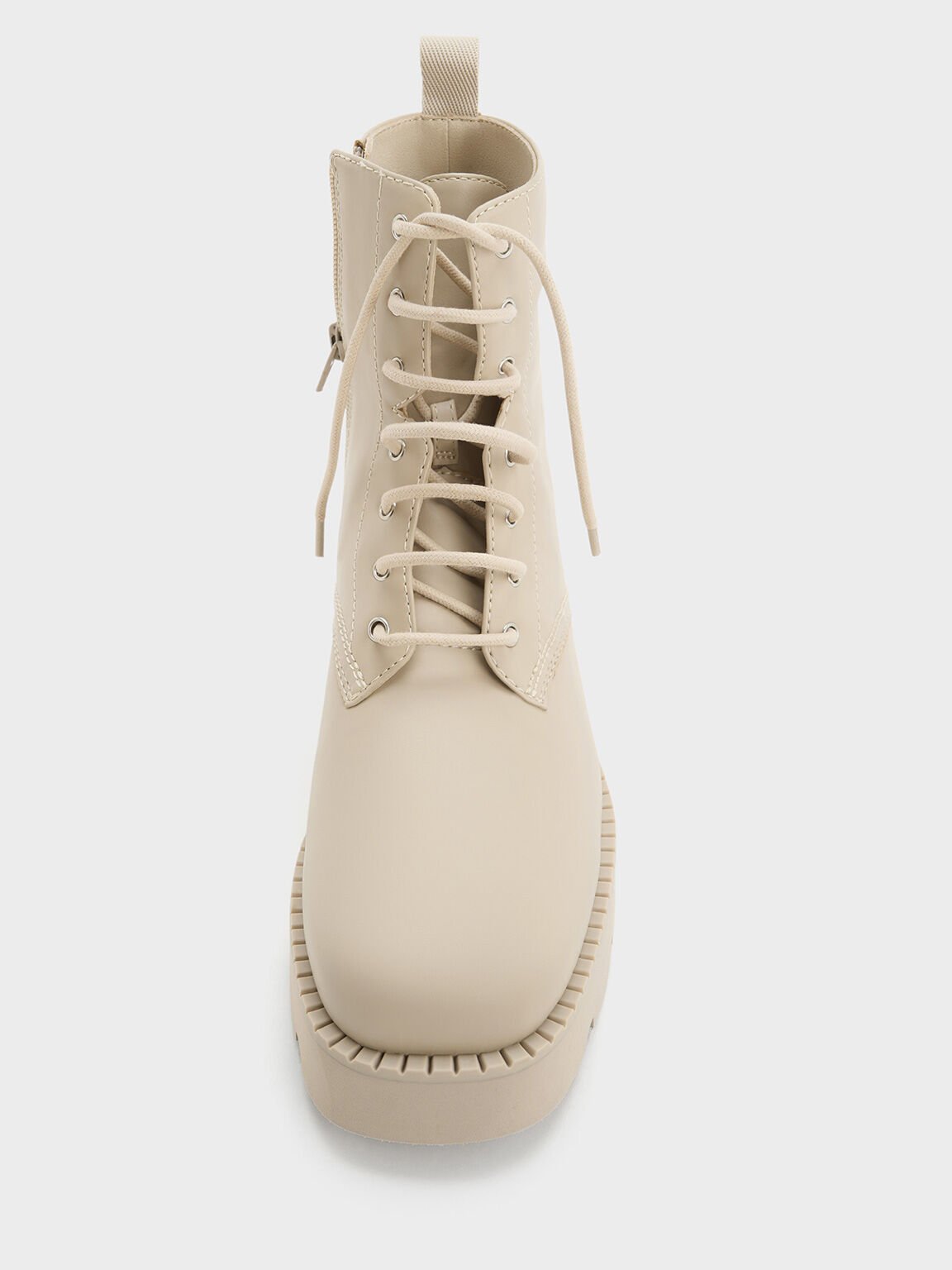 Ridged-Sole Lace-Up Combat Boots, Beige, hi-res