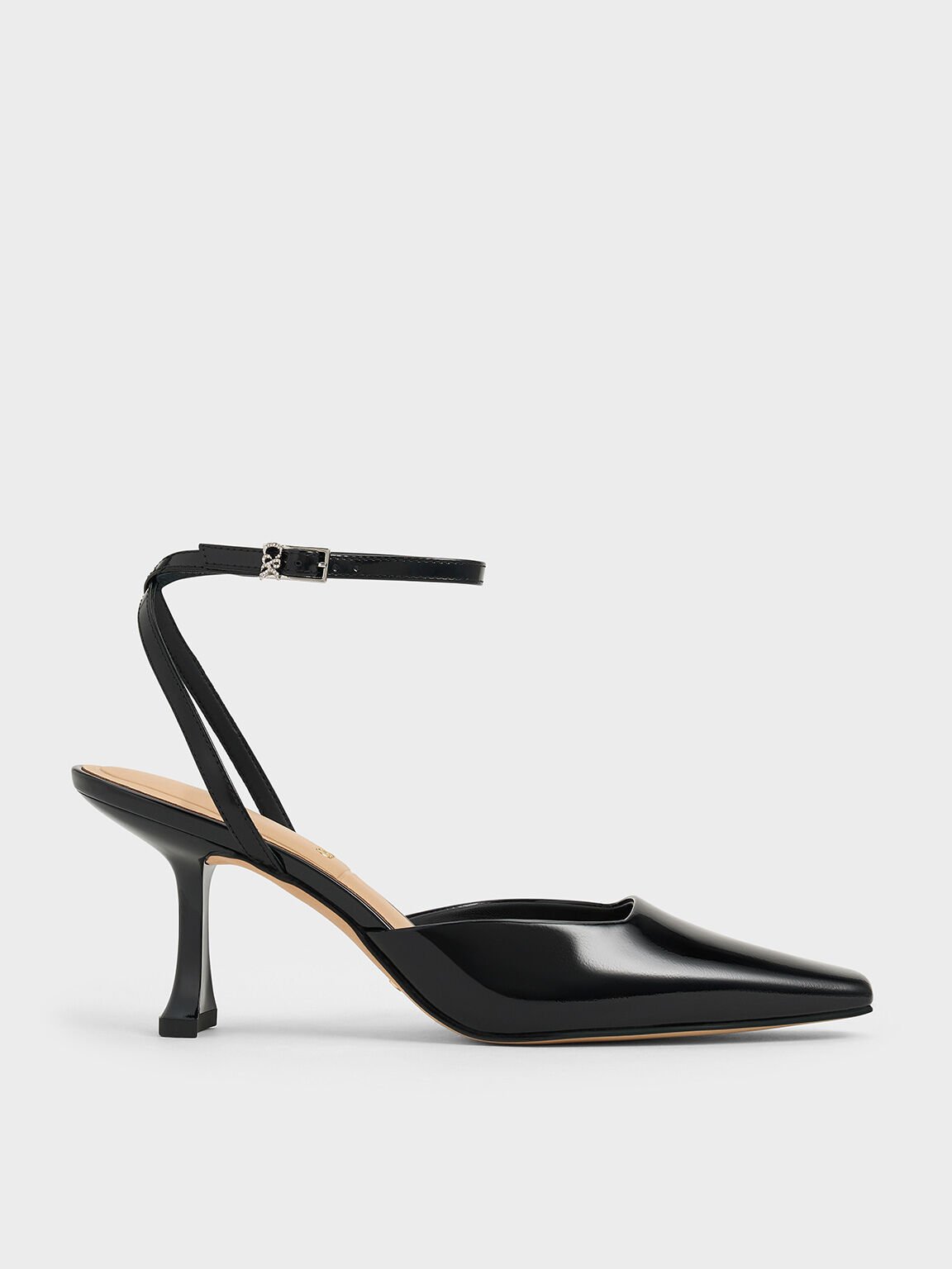 Leather Sculptural-Heel Ankle-Strap Pumps, Black Patent, hi-res