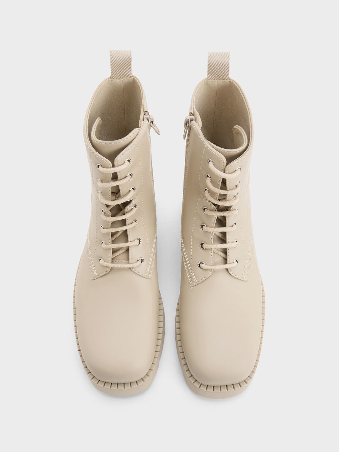 Ridged-Sole Lace-Up Combat Boots, Beige, hi-res