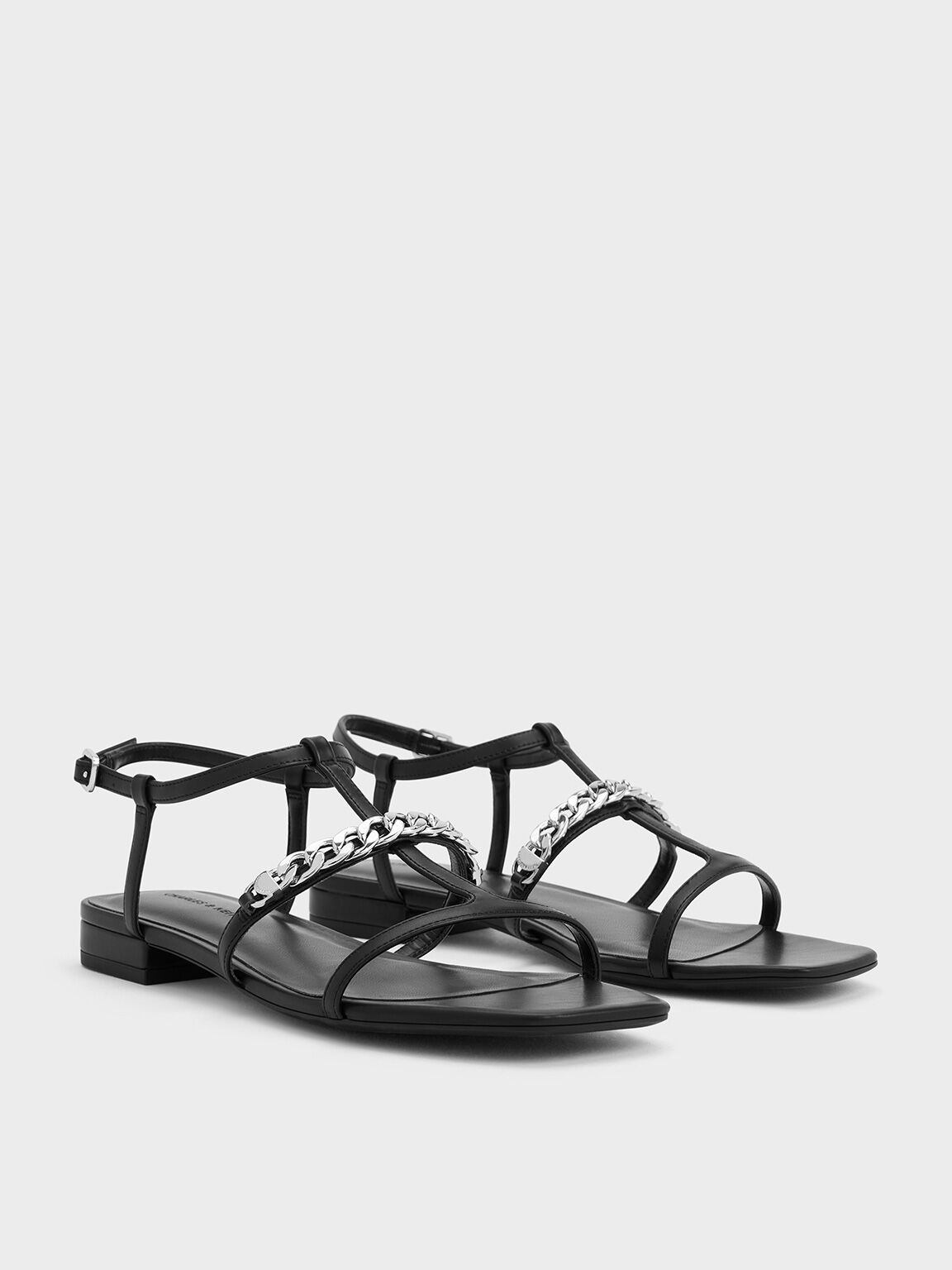 T-Bar Chain-Link Sandals, Black, hi-res