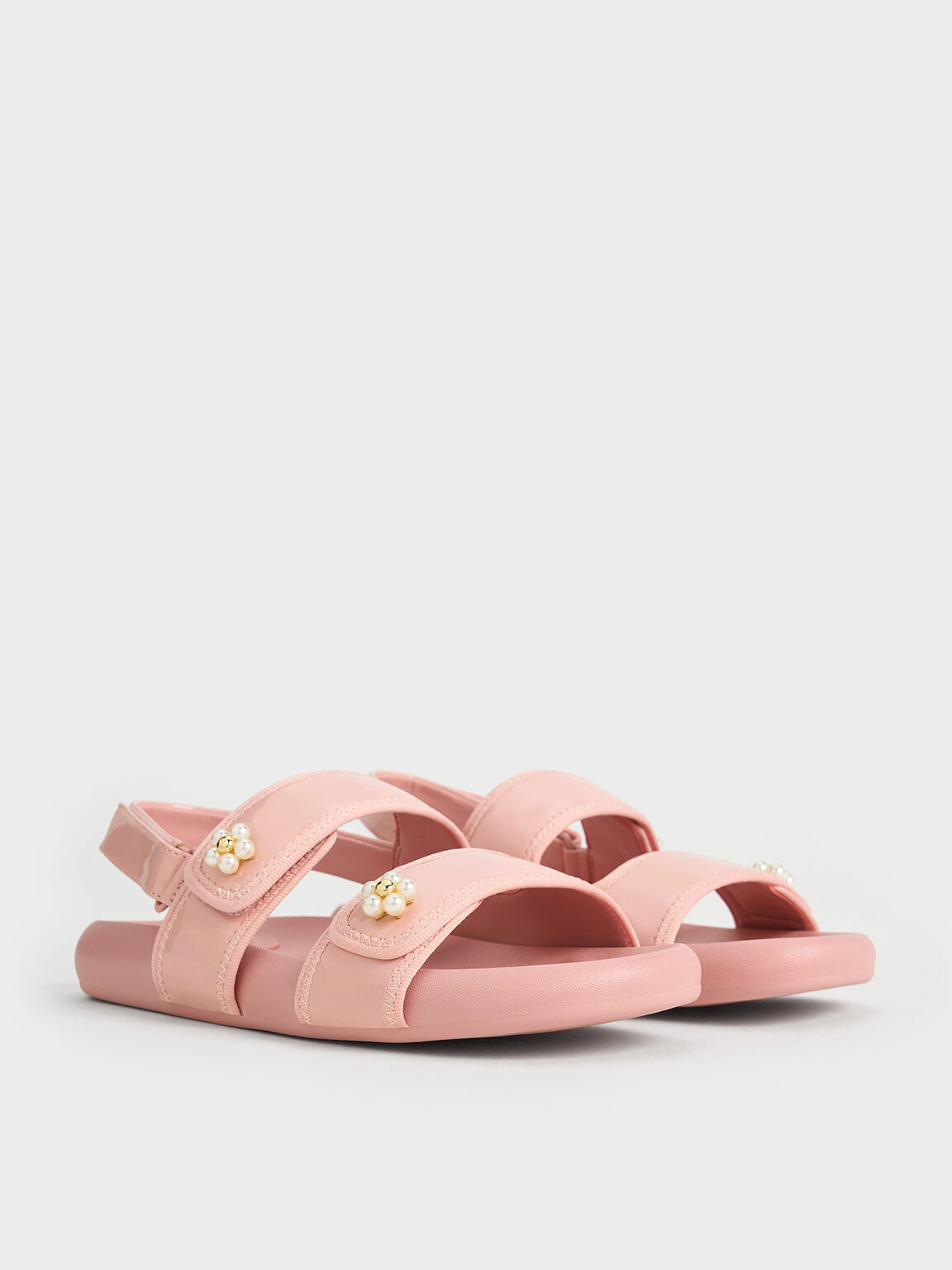 Girls' Patent Beaded-Flower Sandals, Blush, hi-res