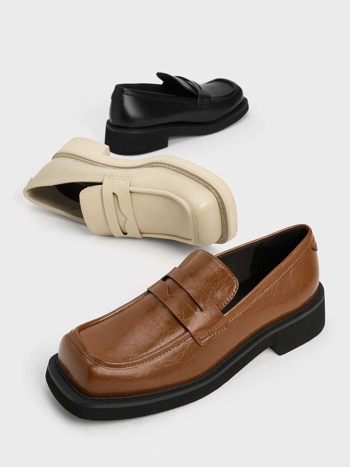 Monique Crinkle-Effect Square-Toe Loafers - Brown