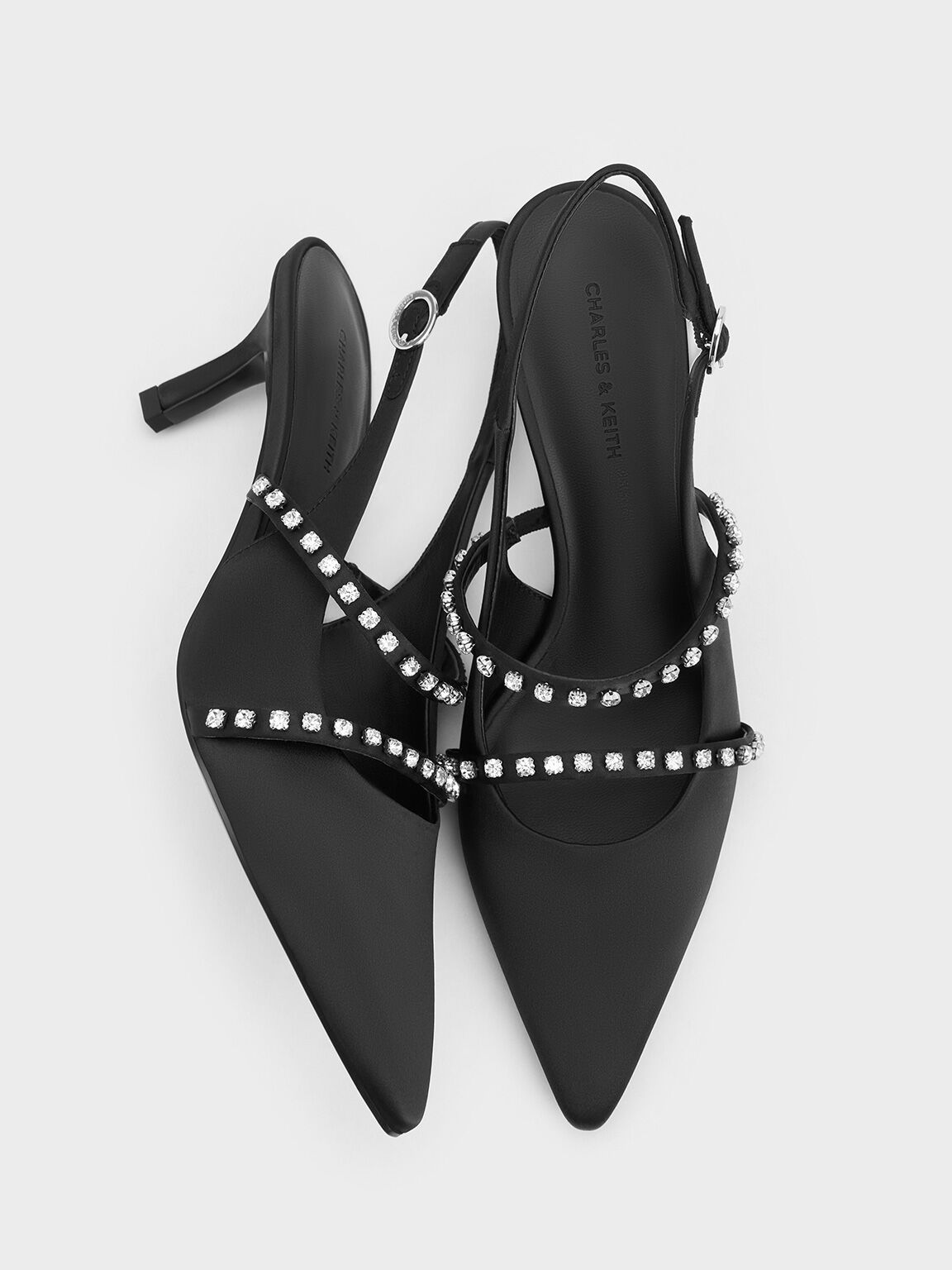 Satin Crystal-Embellished Mary Jane Pumps, Black Textured, hi-res