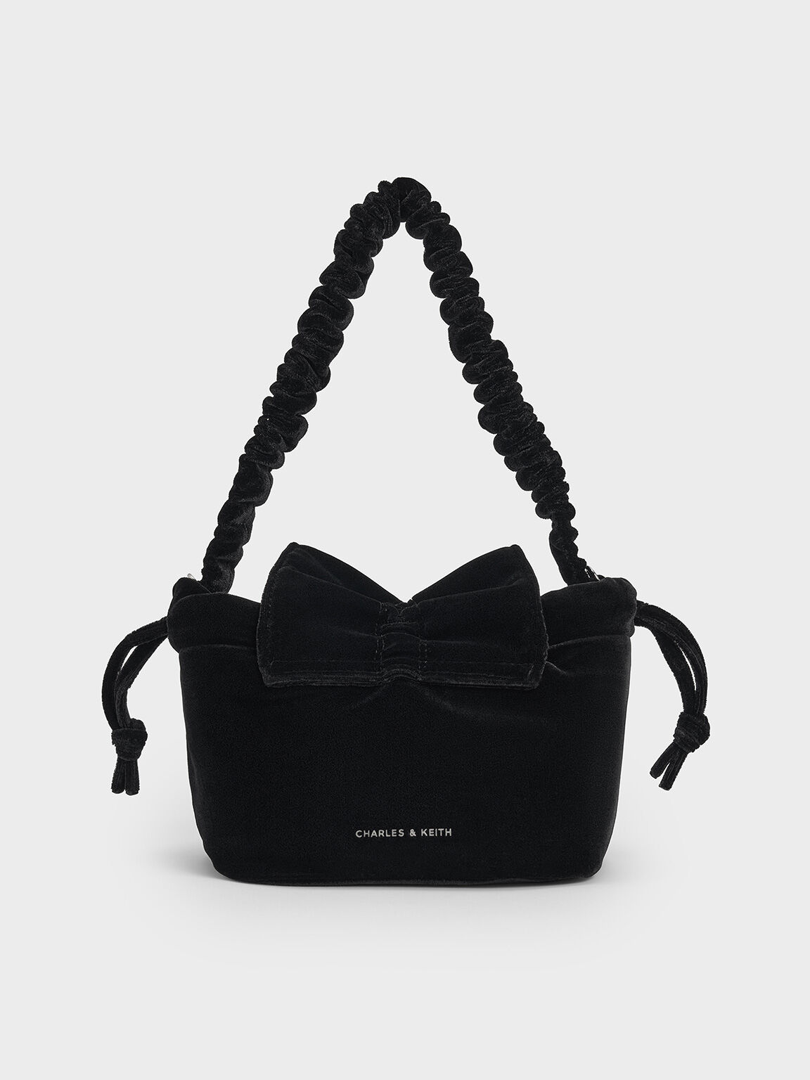 Velvet Bow Ruched Top Handle Bag, Black, hi-res