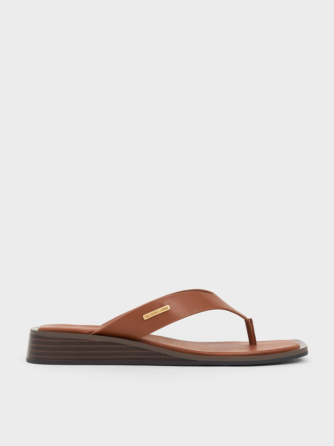V-Strap Wedge Thong Sandals, Brown, hi-res