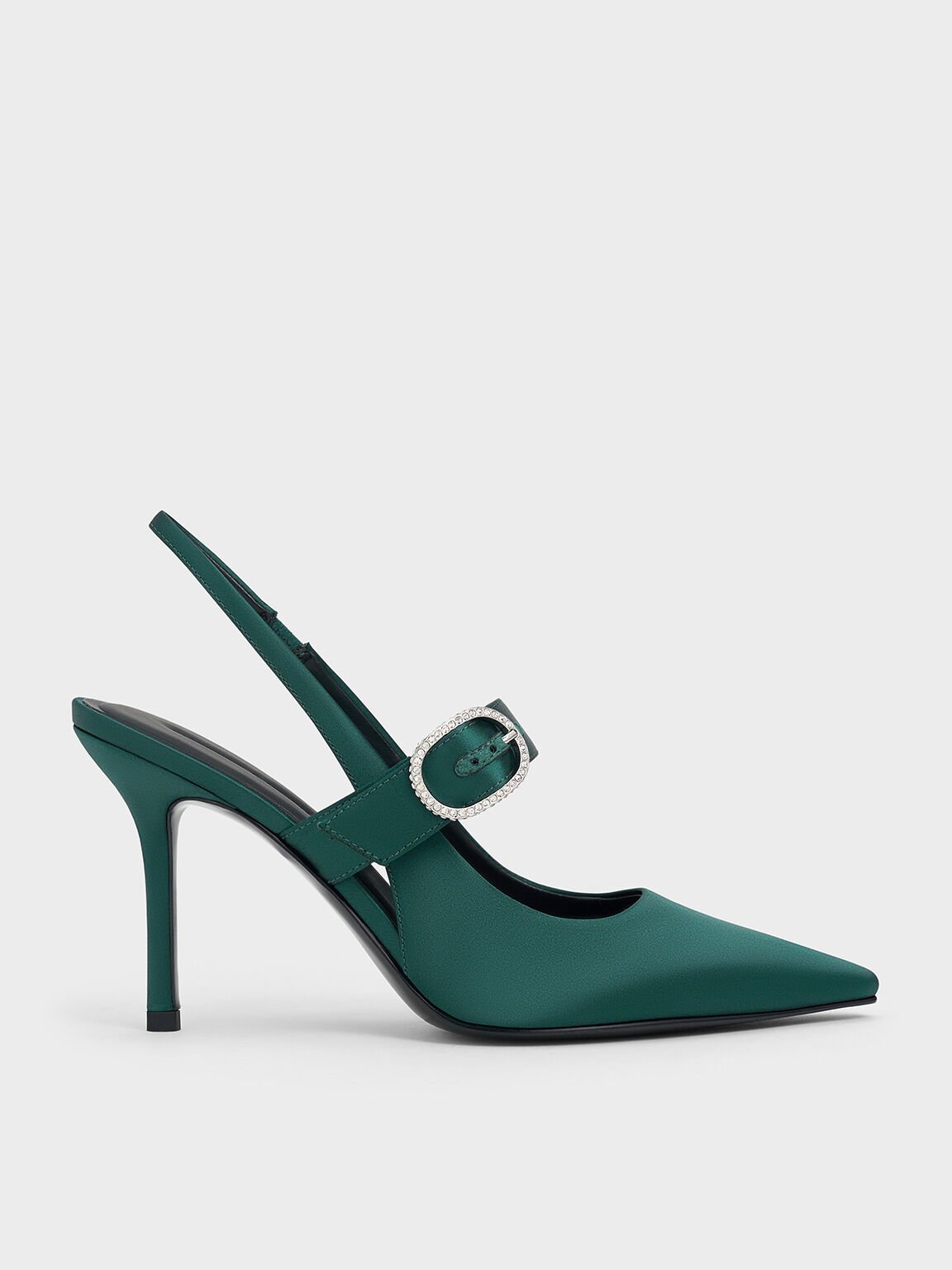 Recycled Polyester Crystal-Buckled Slingback Pumps, Dark Green, hi-res