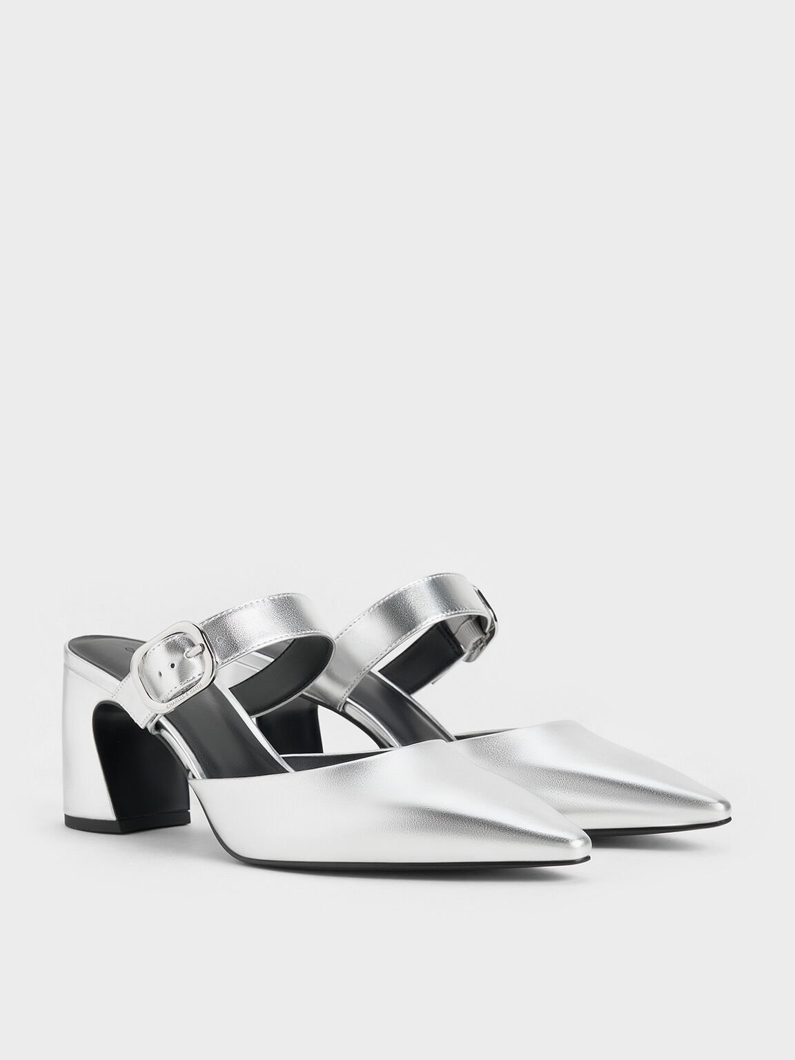 Metallic Pointed-Toe Mary Jane Heeled Mules, Silver, hi-res