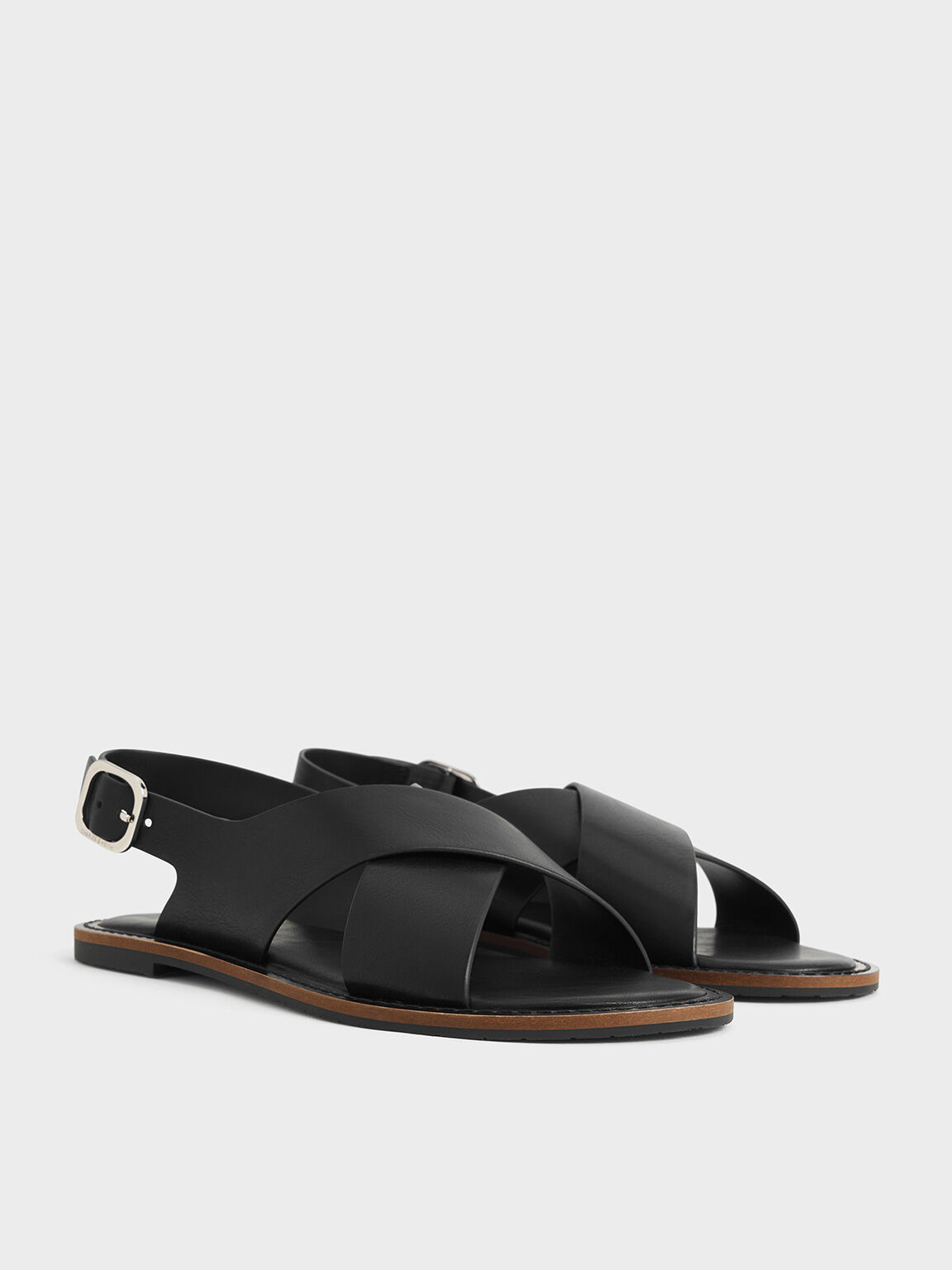 Crossover-Strap Slingback Sandals, Black, hi-res