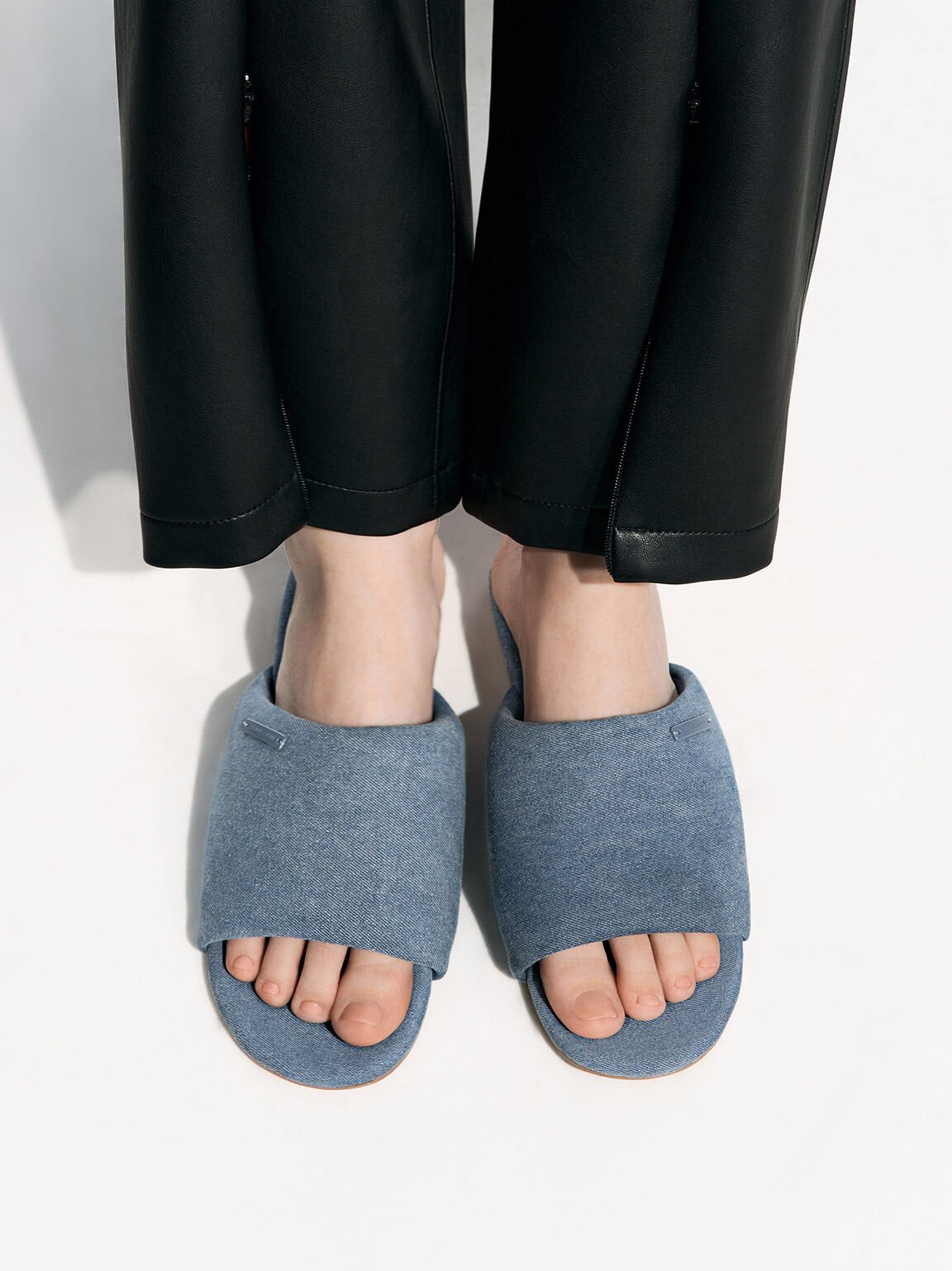 Denim Puffy Wide-Strap Slide Sandals, Denim Blue, hi-res