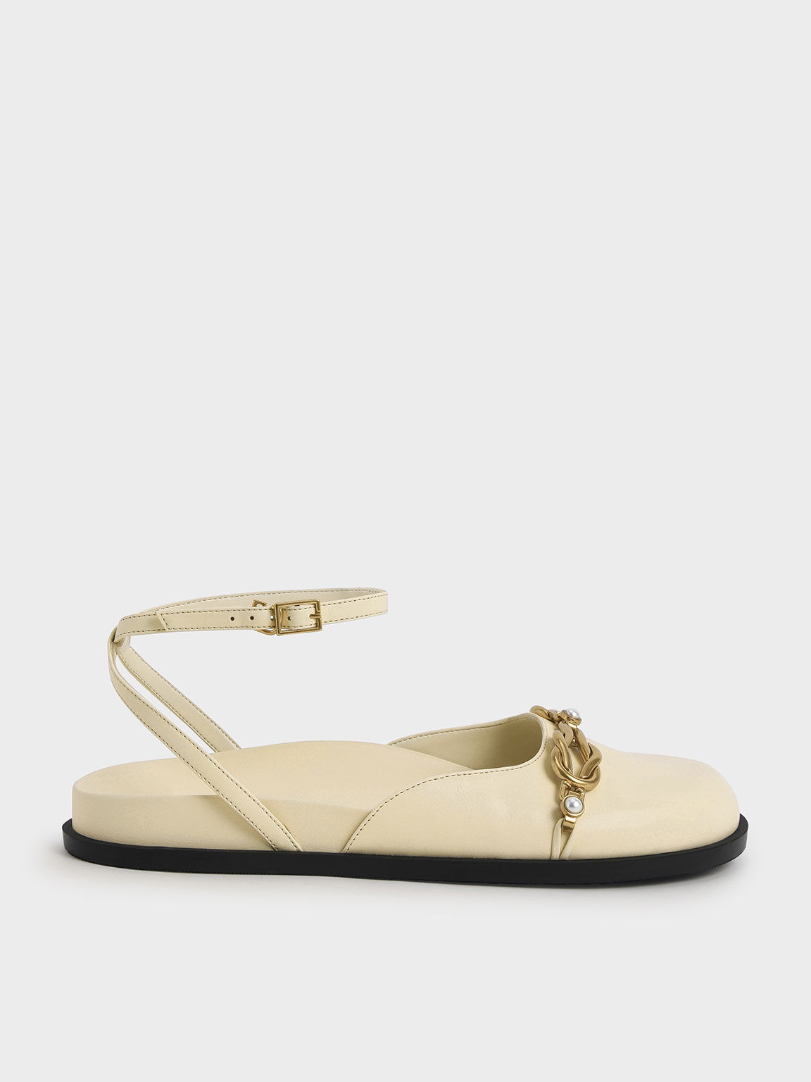 Chalk Beaded Chain-Link Ankle Strap Flats - CHARLES & KEITH UK