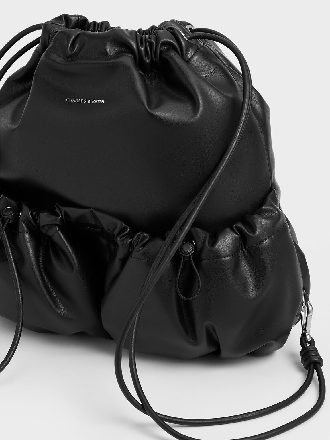 Maisy Ruched Drawstring Backpack, Noir, hi-res