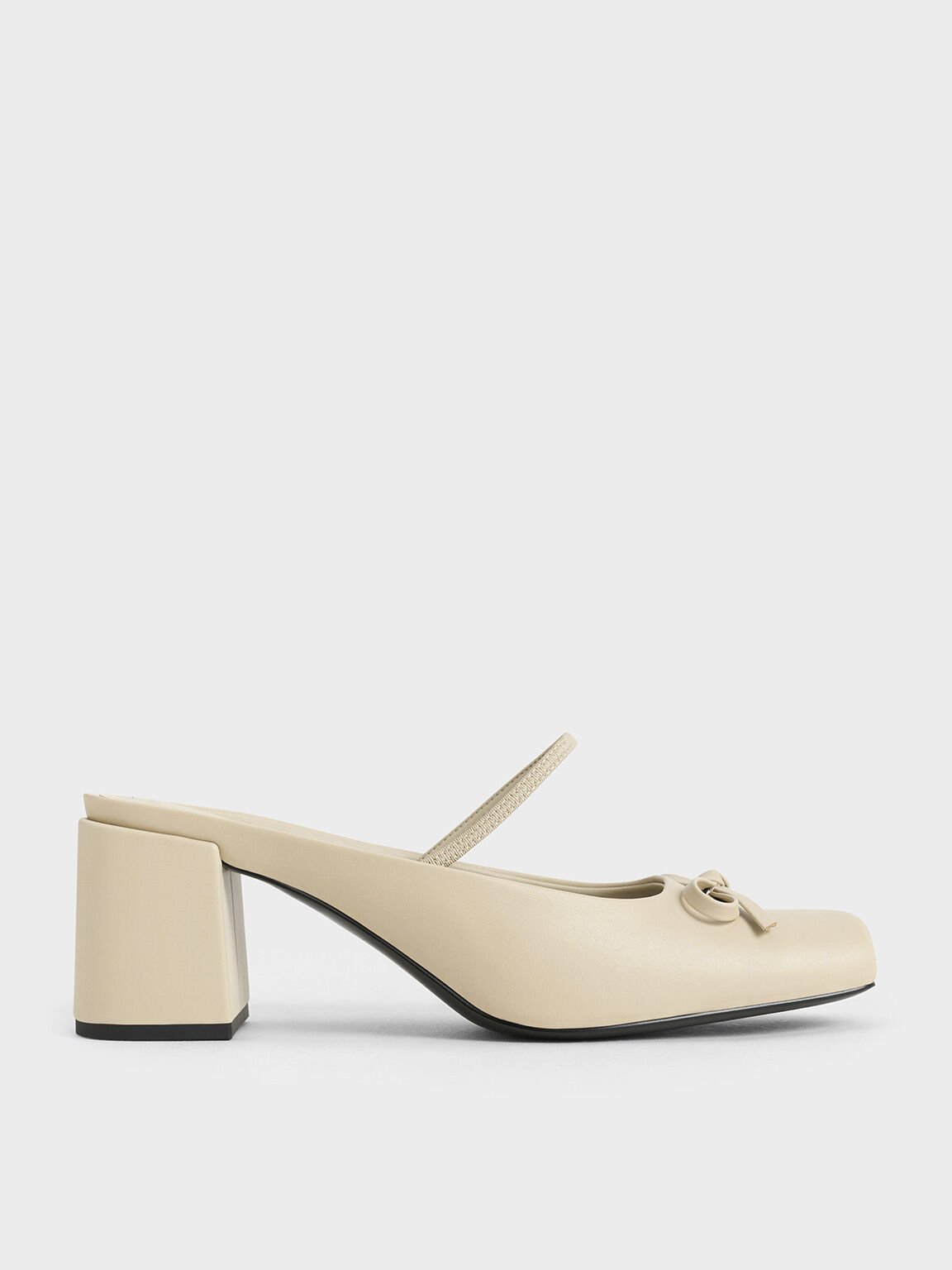 Bow Square-Toe Block-Heel Ballet Mules, Beige, hi-res