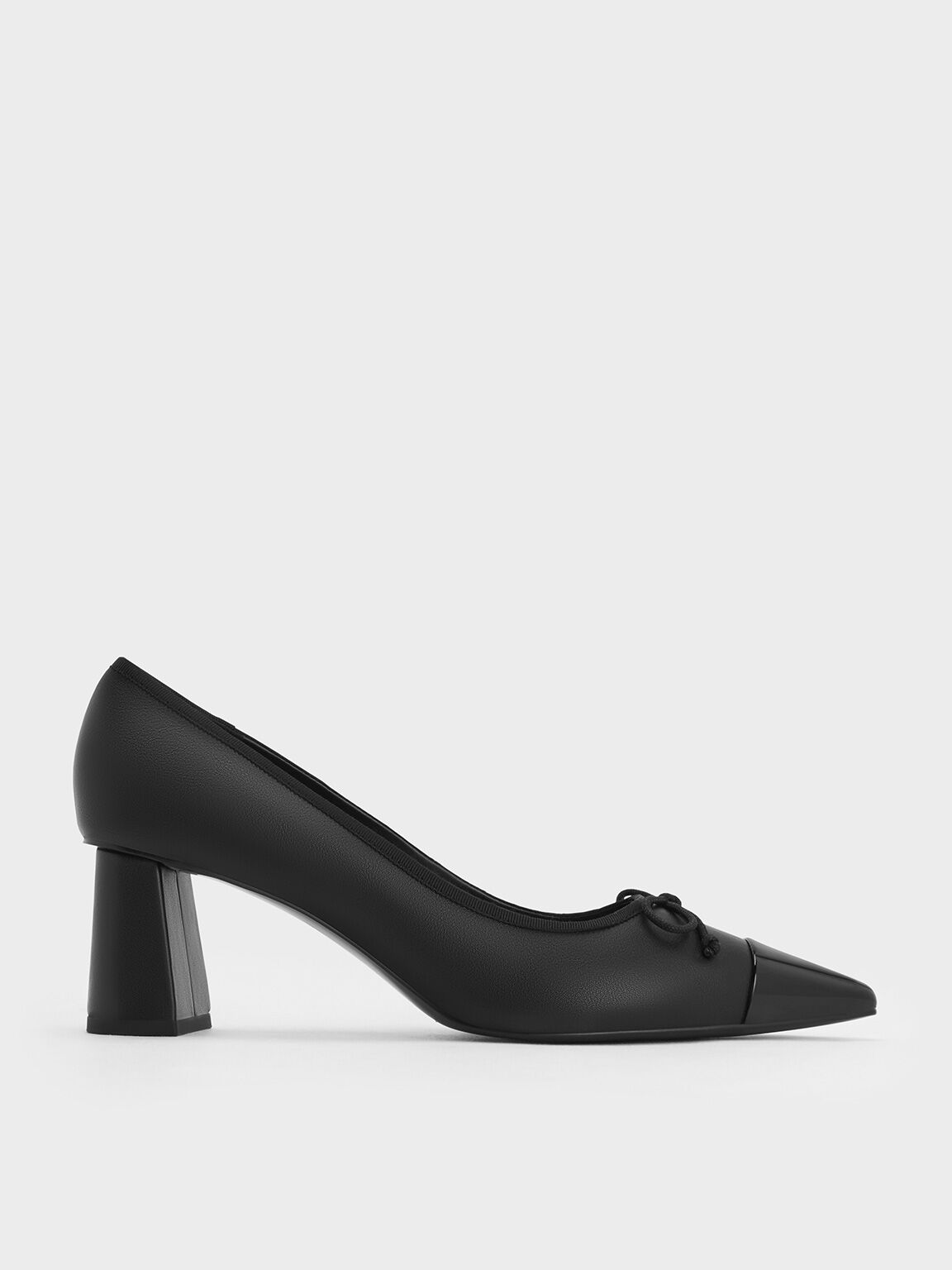 Bow Pointed Cap-Toe Pumps, Black, hi-res