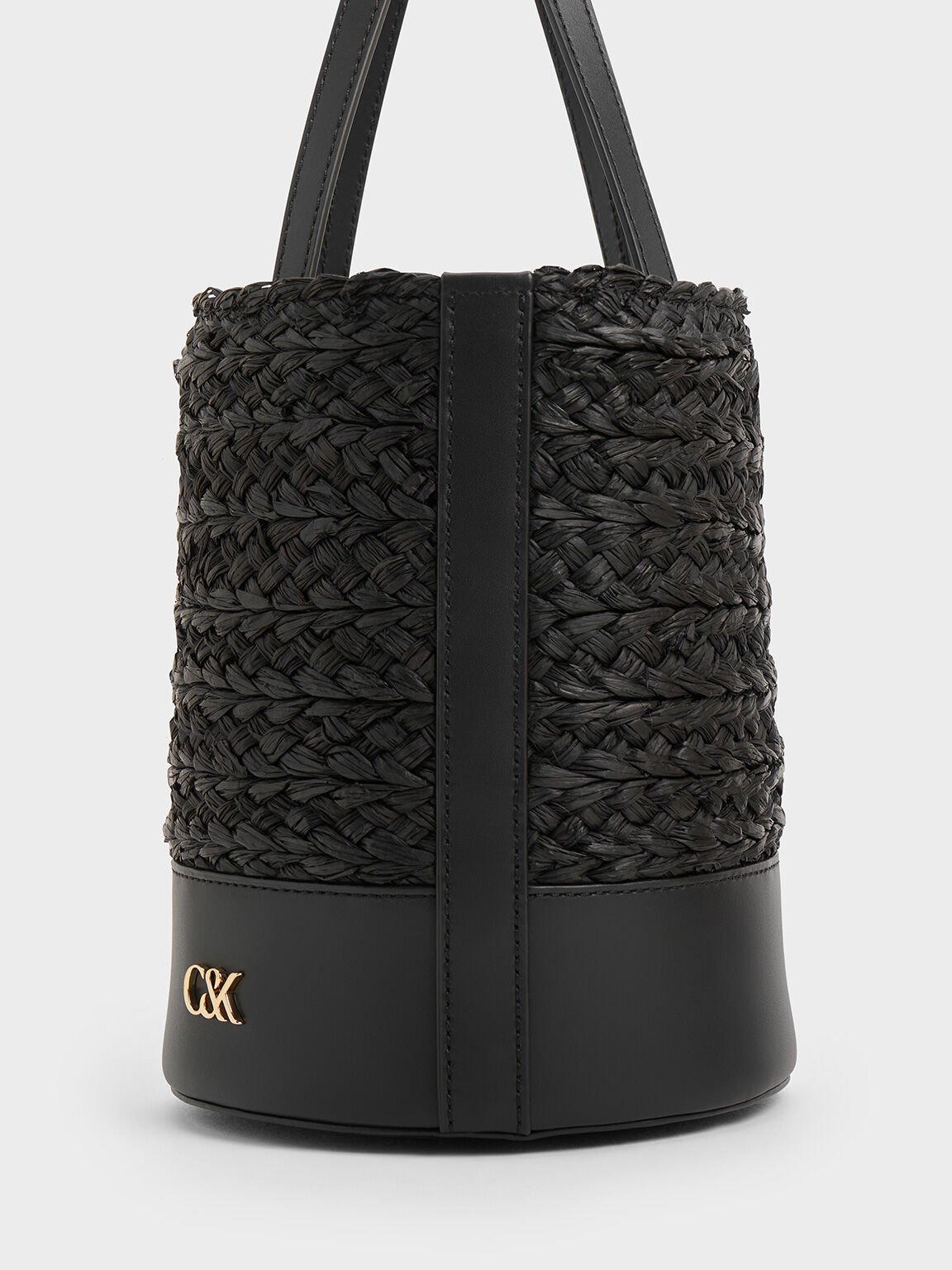 Leather & Raffia Bucket Bag, Black, hi-res