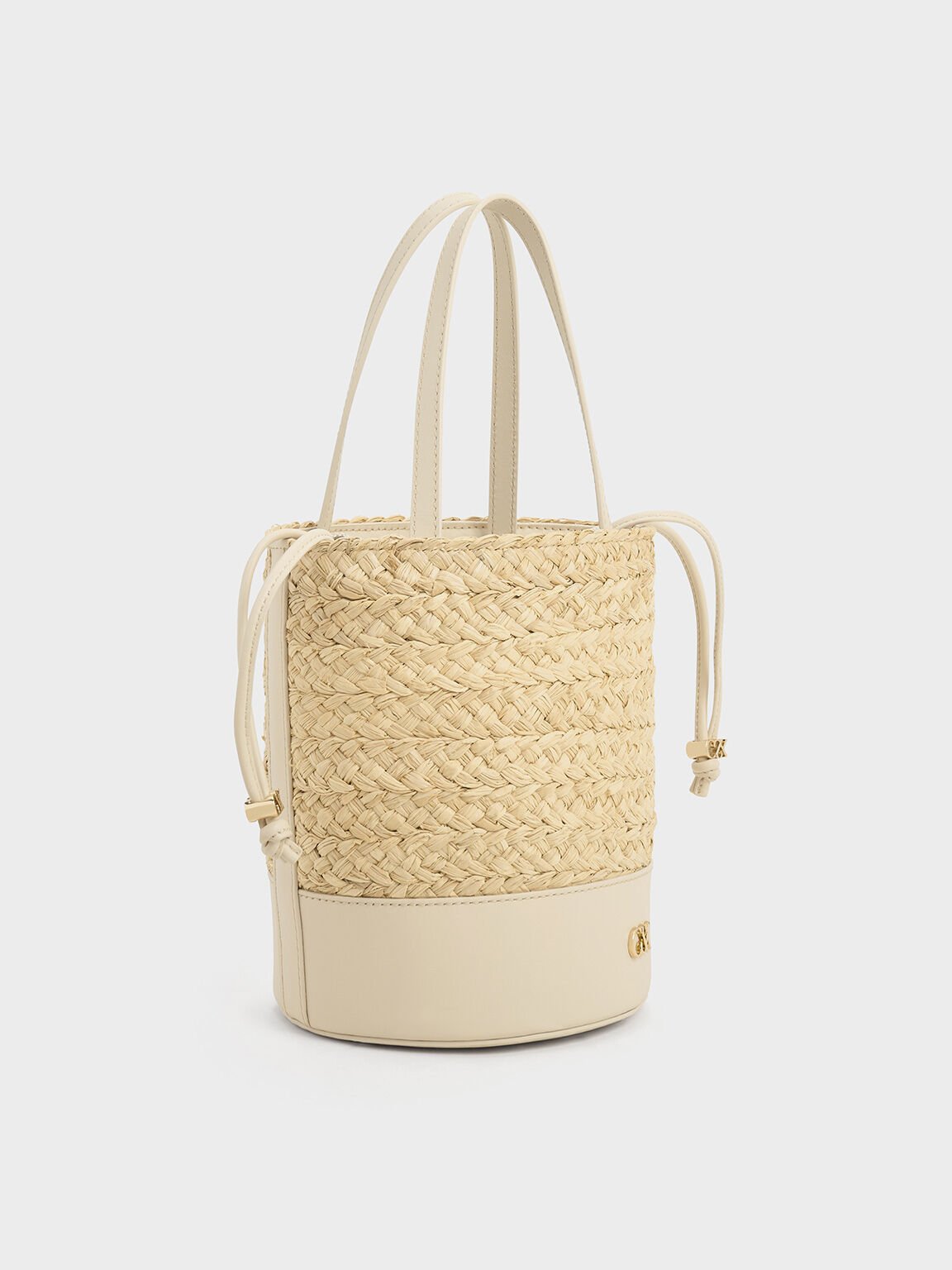 Leather & Raffia Bucket Bag, Beige, hi-res