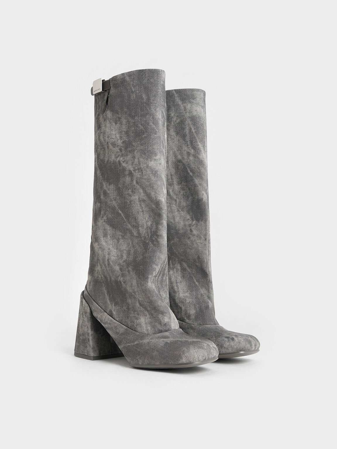 Robbie Denim-Effect Platform Knee-High Boots, Dark Grey, hi-res