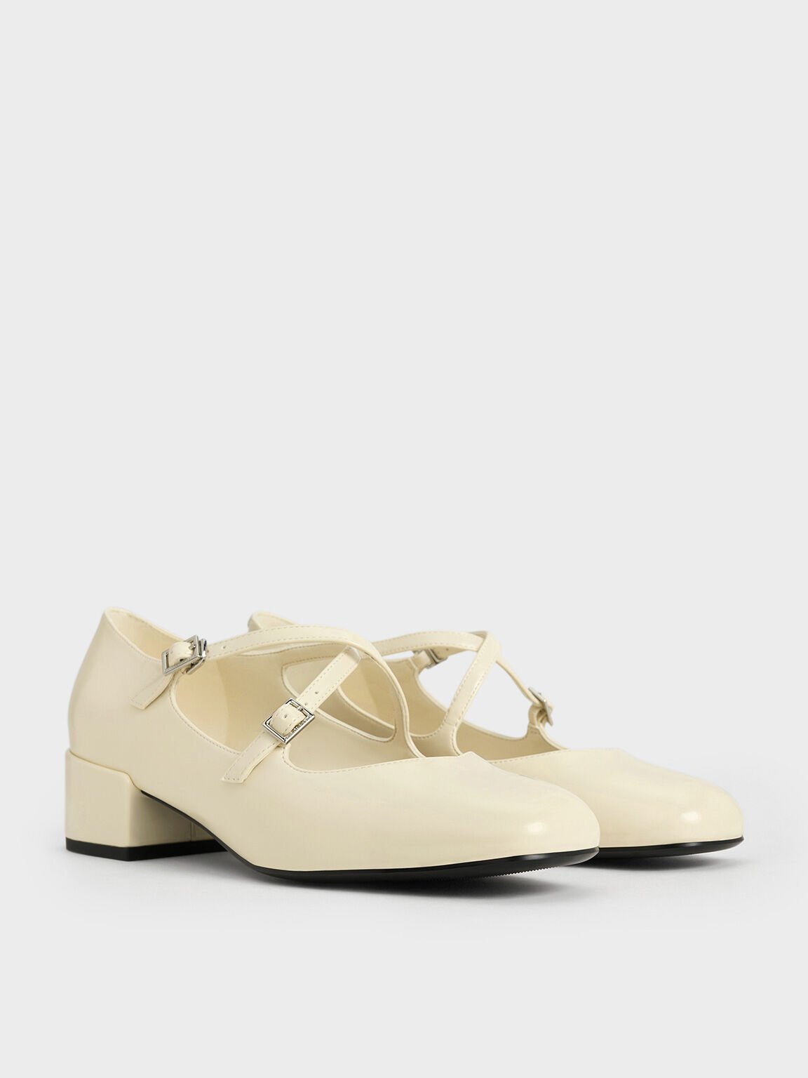 Patent Crossover-Strap Block-Heel Mary Janes, Chalk, hi-res