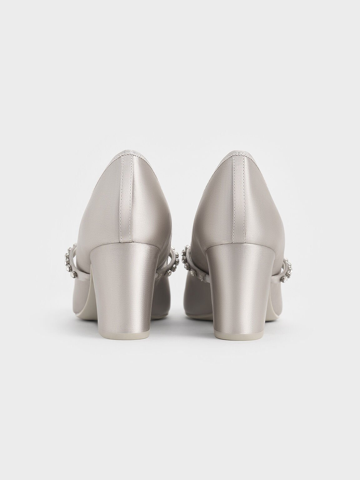 Satin Gem-Embellished Bow Mary Jane Pumps, Light Grey, hi-res